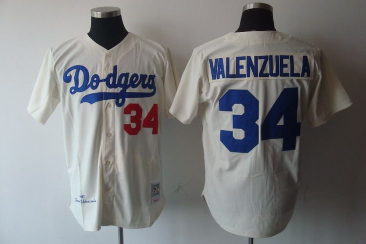 Mitchell and Ness Dodgers #34 Fernando Valenzuela Stitched Cream MLB Jersey - Click Image to Close